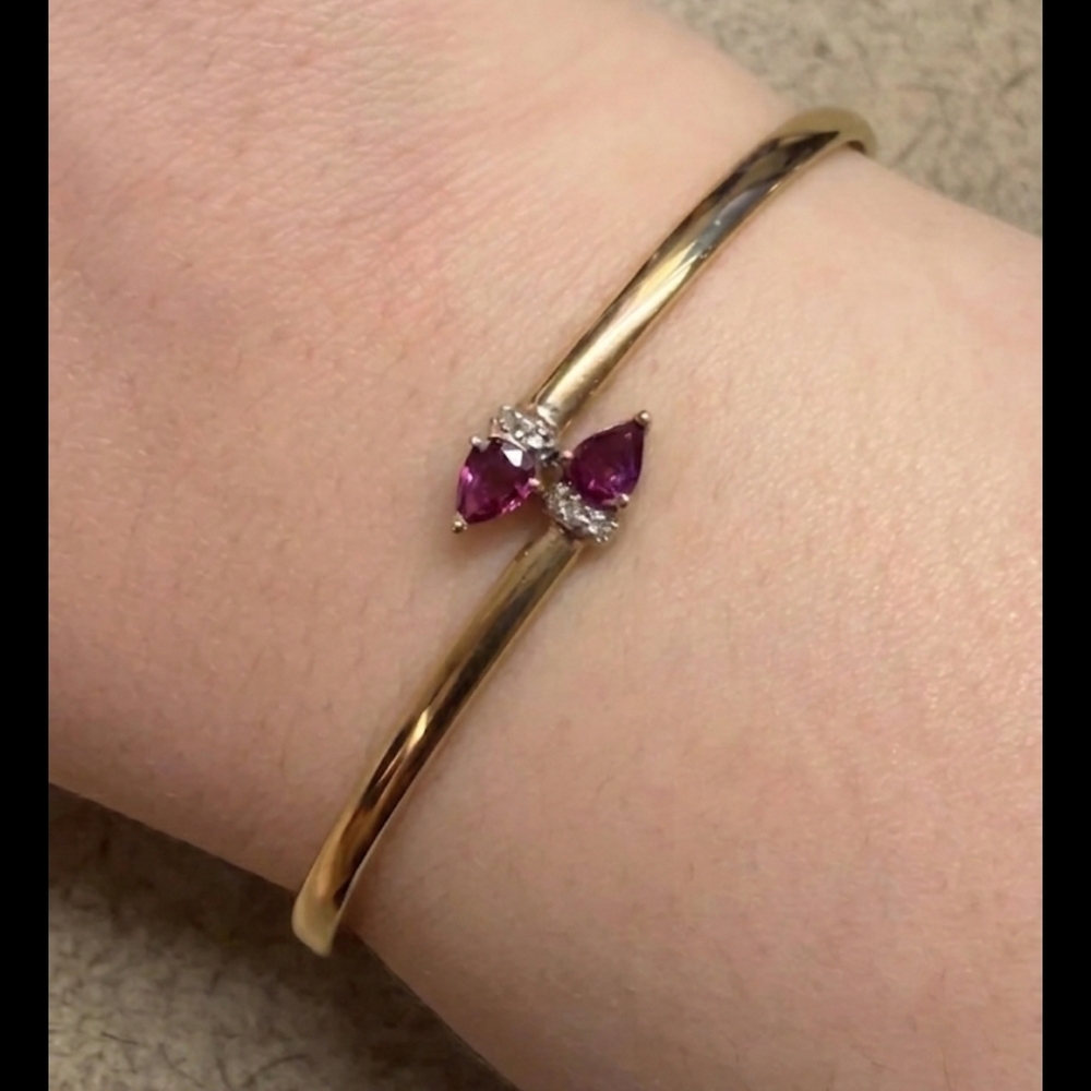 Solid 10k Gold Bangle Bracelet with Ruby Teardrop Gemstones